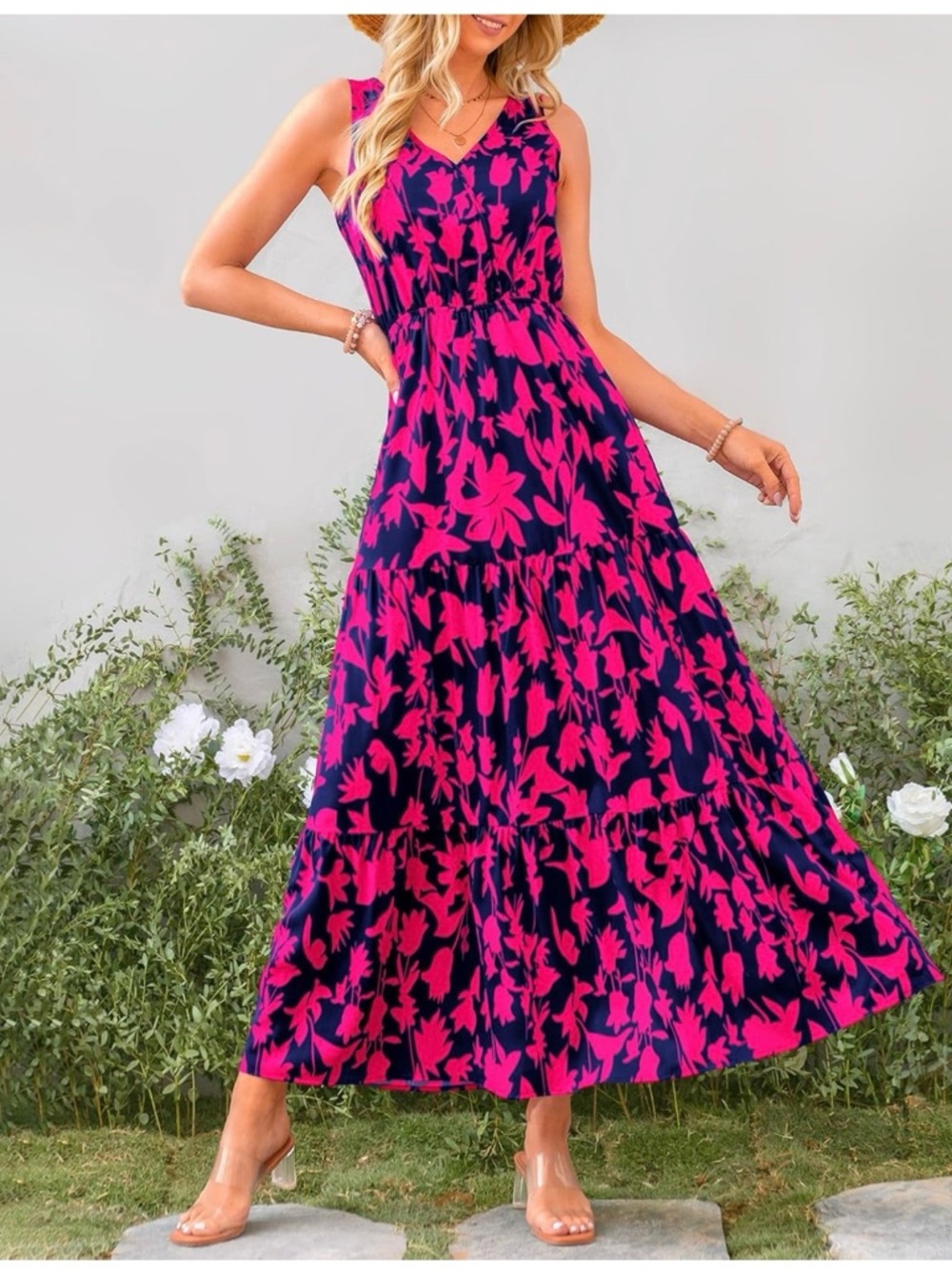 Amazon Sleeveless V-Neck Maxi Dress in Fuchsia and Navy Floral